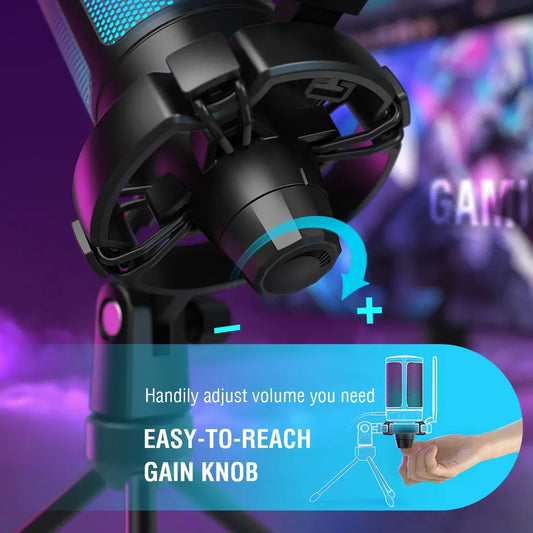 FIFINE AmpliGame A6V – RGB USB Gaming Microphone with Shock Mount, Pop Filter & Tripod Stand