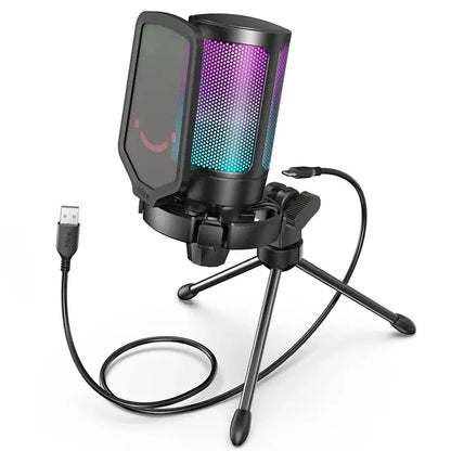 FIFINE AmpliGame A6V – RGB USB Gaming Microphone with Shock Mount, Pop Filter & Tripod Stand