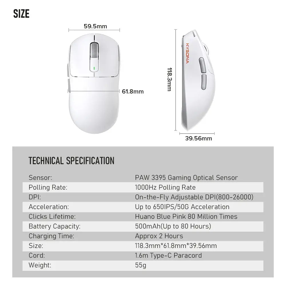 Kysona WM001 – Wireless Gaming Mouse with Silent Click & RGB Lighting