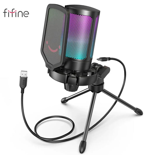 FIFINE AmpliGame A6V – RGB USB Gaming Microphone with Shock Mount, Pop Filter & Tripod Stand