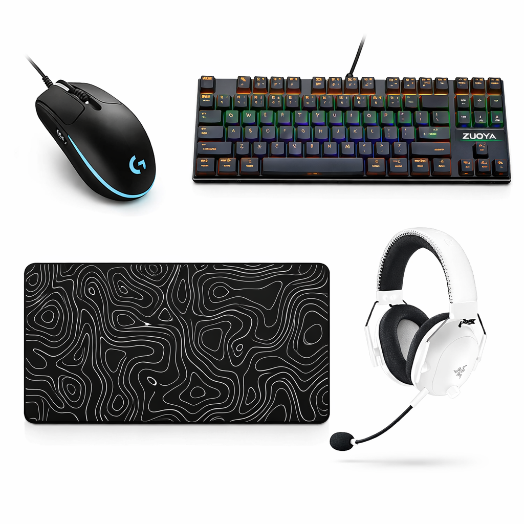 Logitech G102 LIGHTSYNC, ZUOYA AK33 RGB Keyboard, XL RGB Desk Pad with Abstract pattern, White Razer BlackShark V2 X Headset