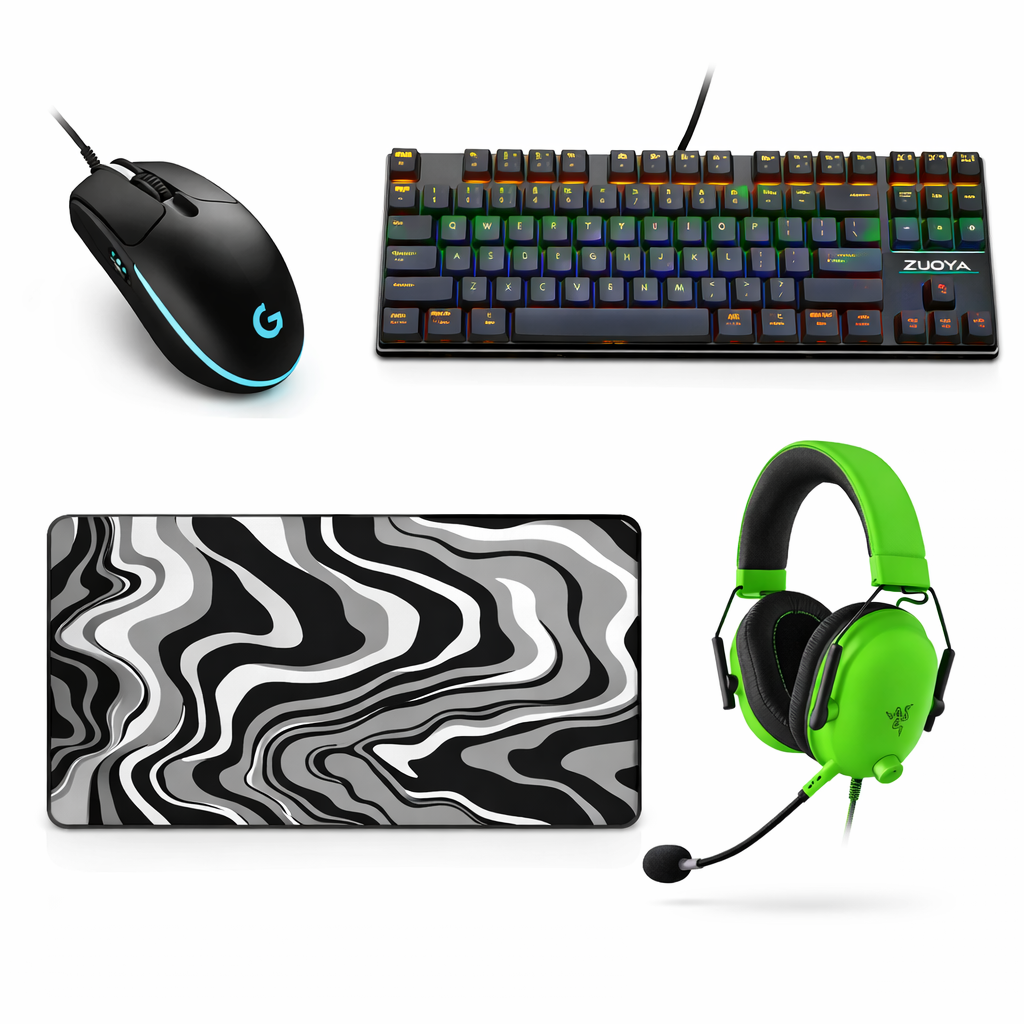 Logitech G102 LIGHTSYNC, ZUOYA AK33 RGB Keyboard, XL RGB Desk Pad with Abstract pattern, Green Razer BlackShark V2 X Headset